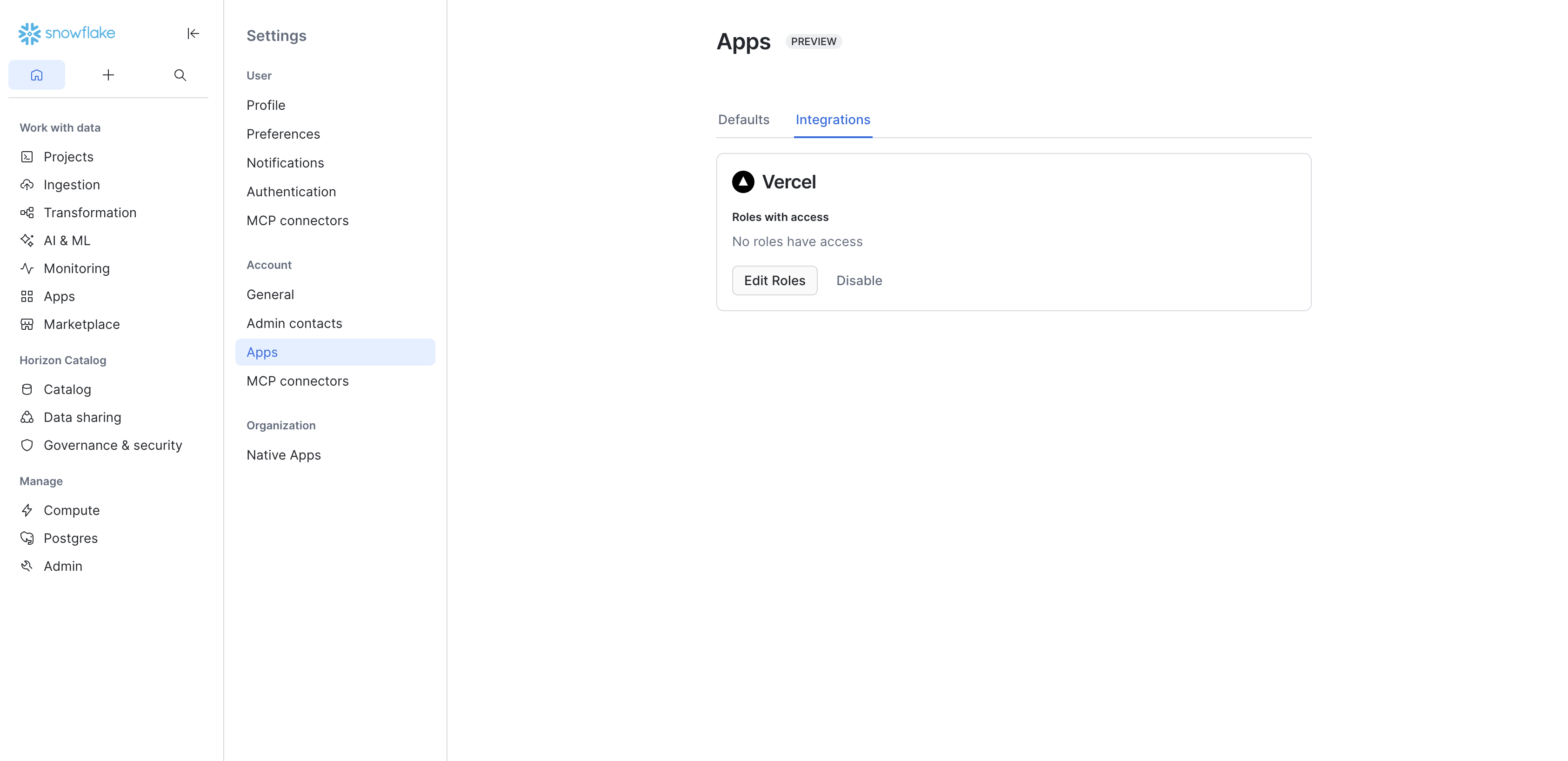 Vercel integration card in Snowflake Apps settings showing Roles with access